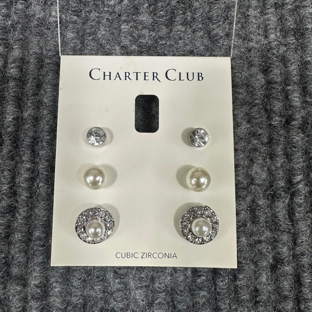 Charter Club Earring Set Women OS Silver New Cubic Zirconia Faux Pearl Studs 3pk